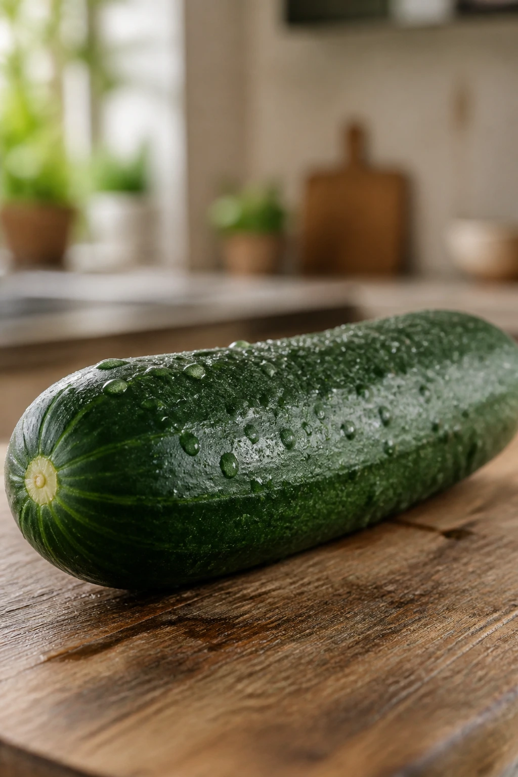 Whole cucumber with dew in a sunlit kitchen
