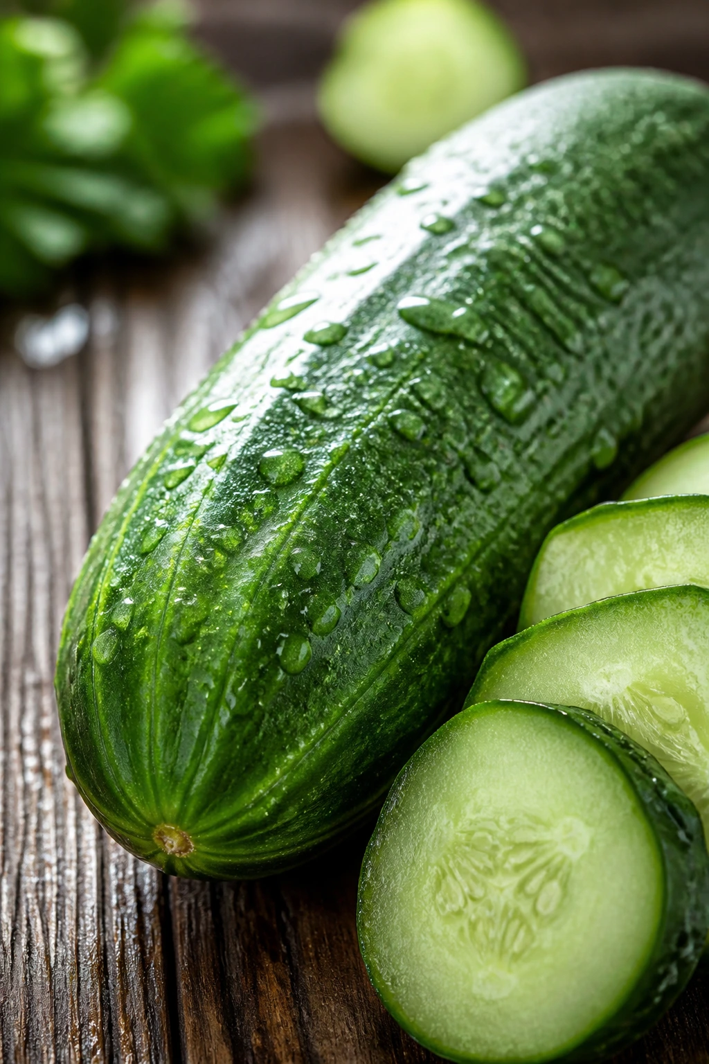 Close-up of a cucumber on a wooden surface