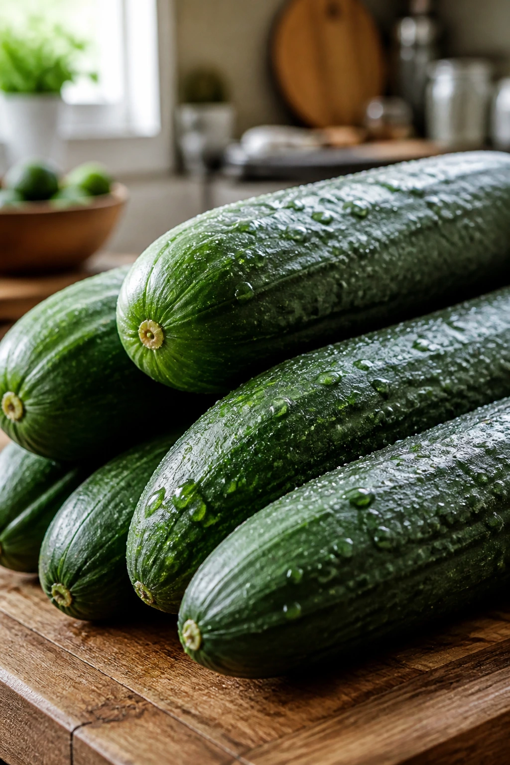 Macro close-up of fresh cucumbers on a kitchen counter