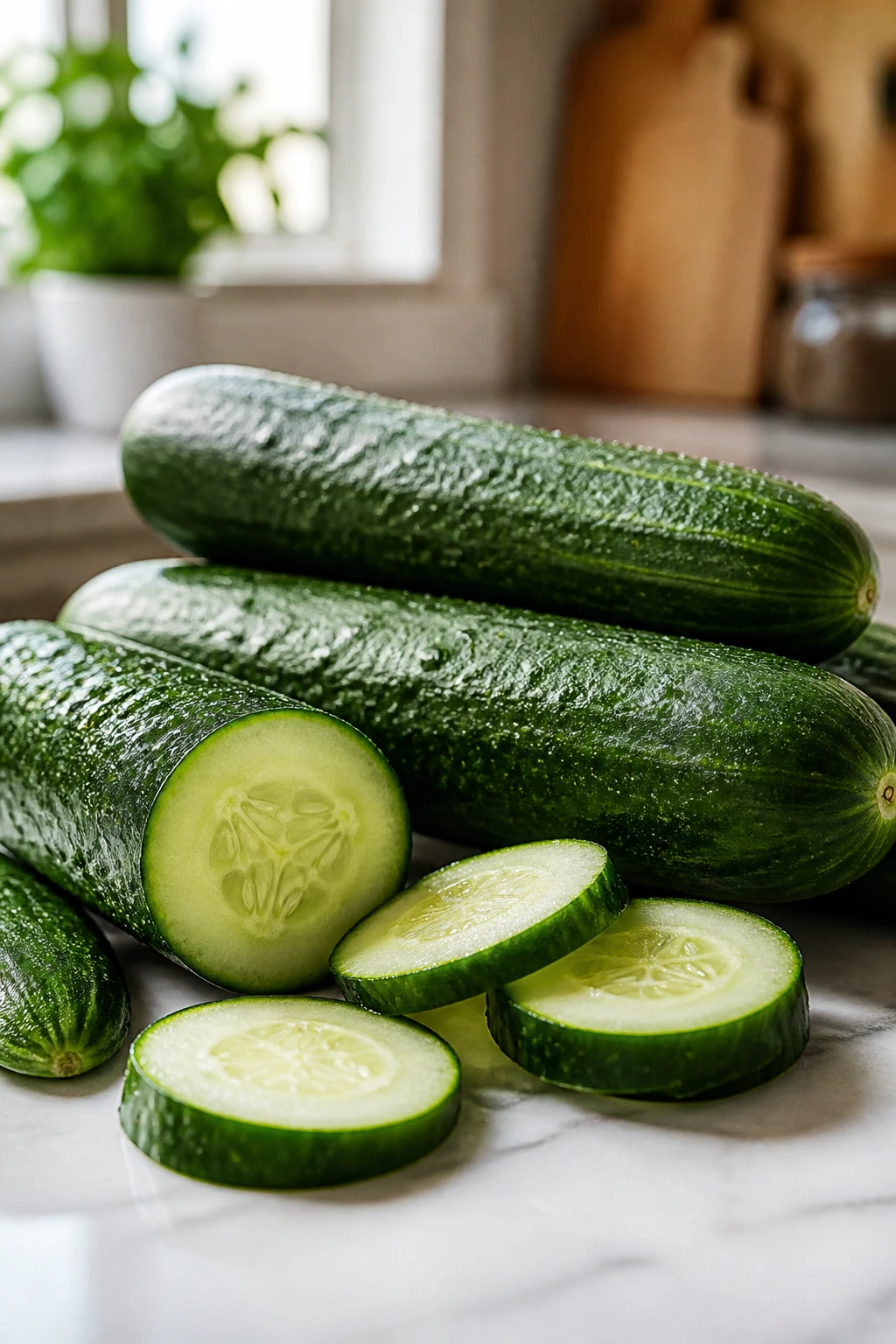 Close-up of cucumbers on a kitchen counter, suggesting anti-inflammatory benefits.