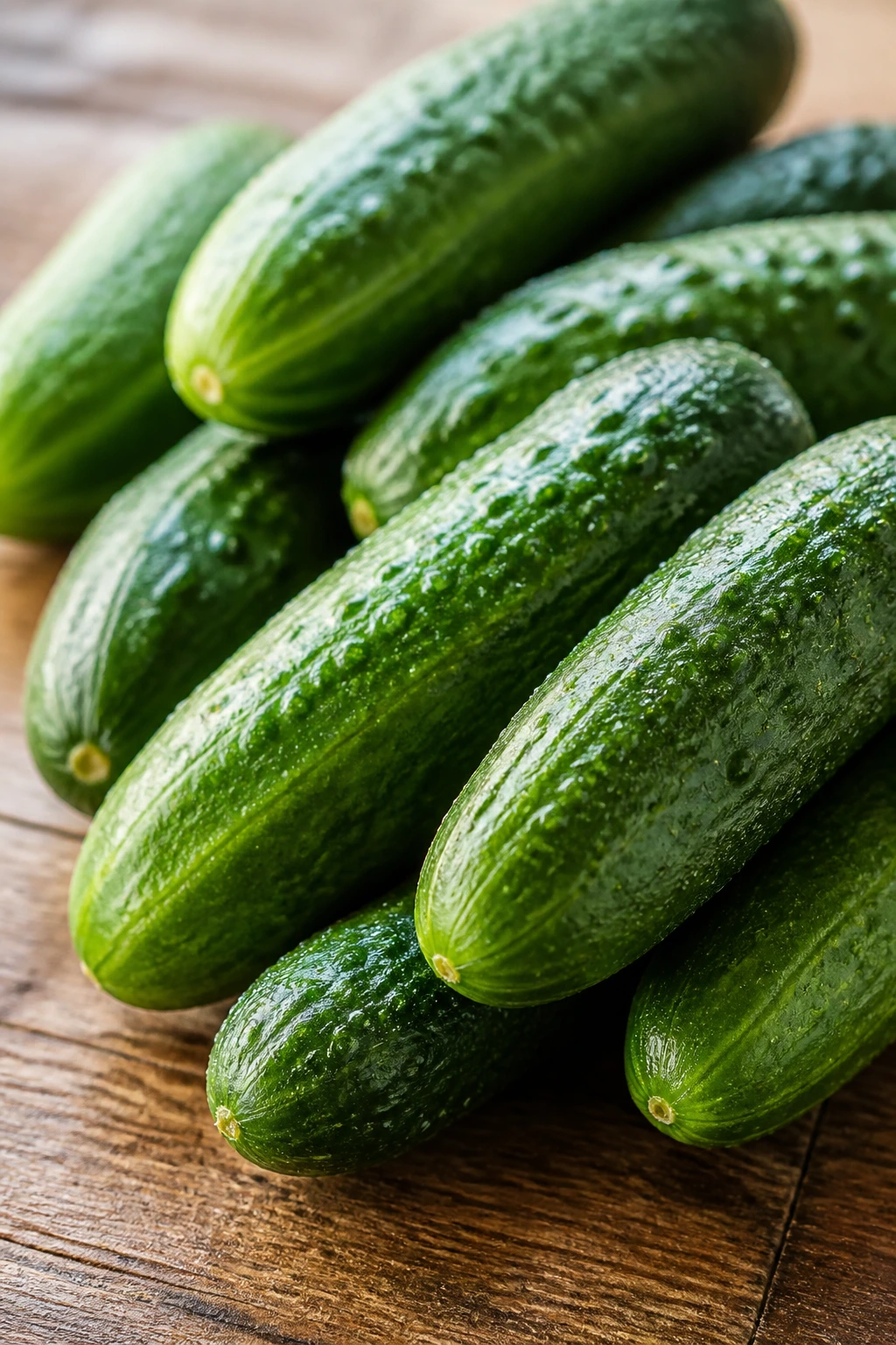 How to Pickle Cucumbers for Long-Term Storage 2 Close-up of fresh Kirby cucumbers on a wooden kitchen surface