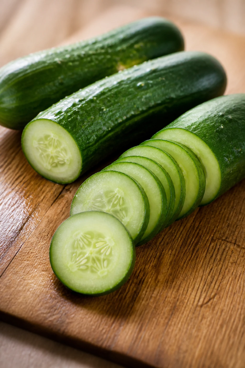 Fresh cucumbers on a wooden counter ready to be added to meals.