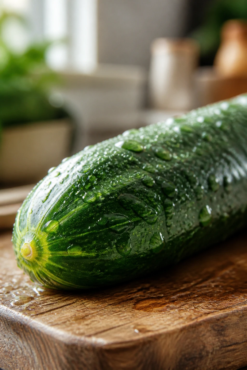 Is Cucumber Good For Fibroid Patients? Is It Safe Or Not? 1 Close-up of a fresh cucumber with dew on a wooden cutting board in a sunlit kitchen