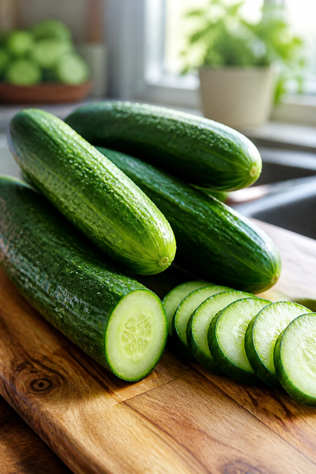 Close-up of fresh cucumbers on a wooden cutting board in bright kitchen light, highlighting pregnancy nutrition.