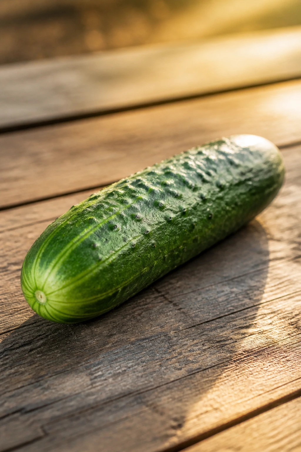 Is Cucumber Good For Fibroid Patients? Is It Safe Or Not? 4 Close-up of a cucumber on a wooden table during golden hour
