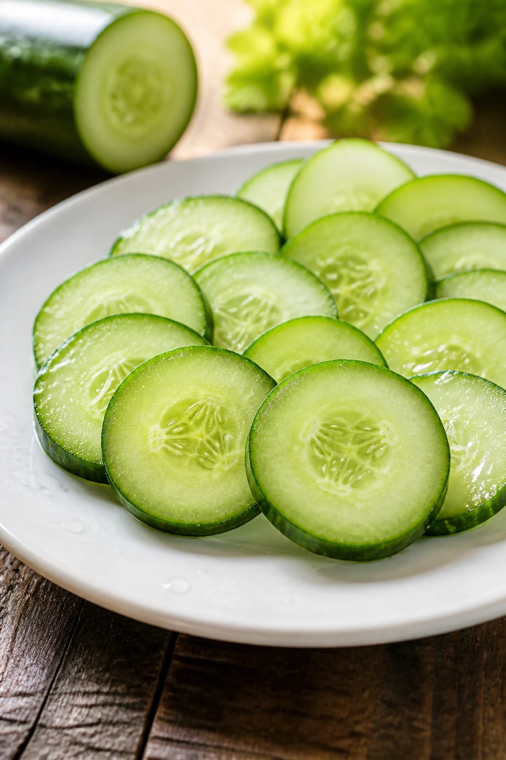 Is Cucumber Good For Early Pregnancy? Is It Safe Or Not? 4 Cucumber slices on a plate with condensation in natural light