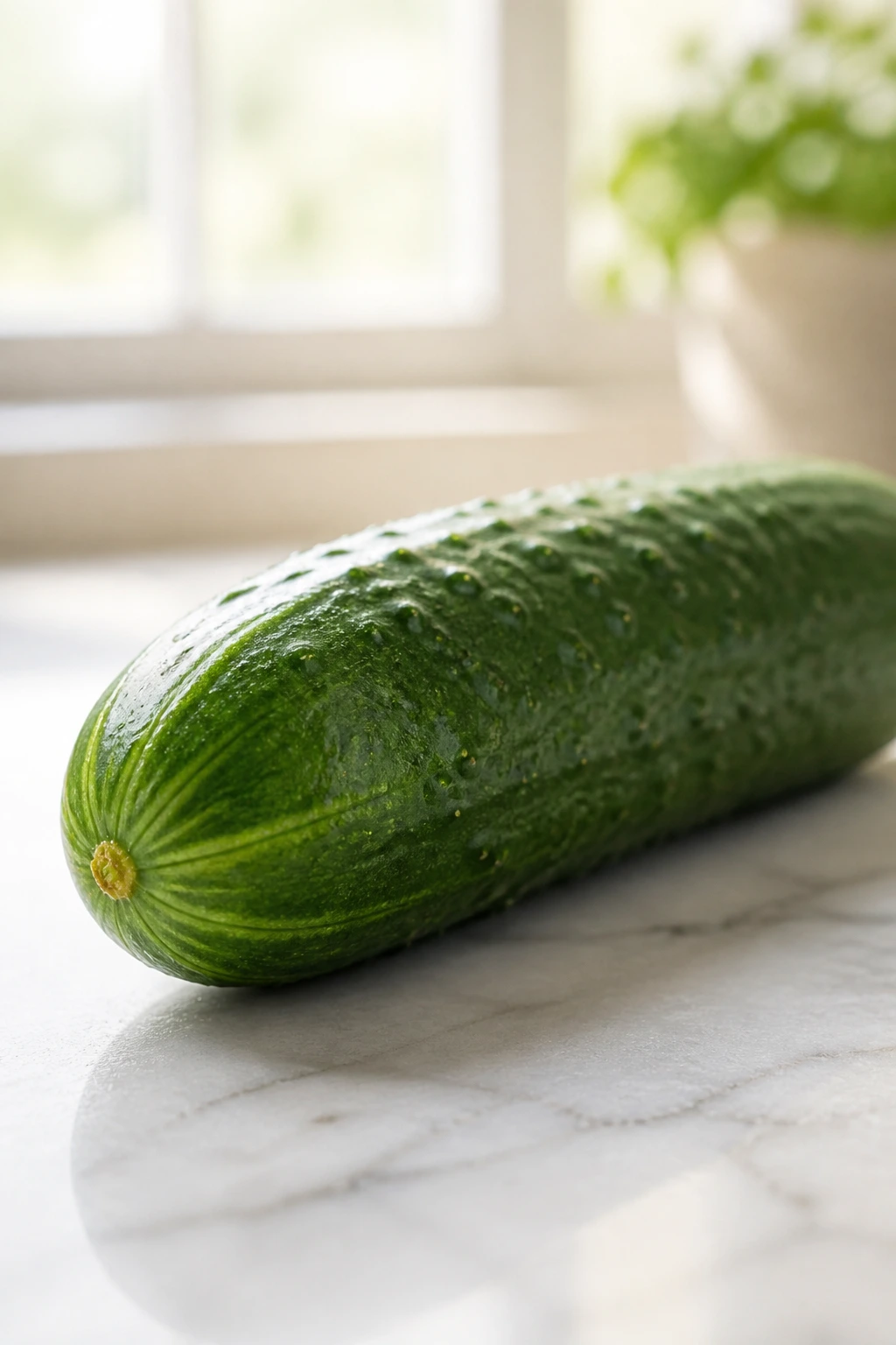 Is Cucumber Good For Fibroid Patients? Is It Safe Or Not? 2 Close-up of a cucumber on a marble counter with soft morning light