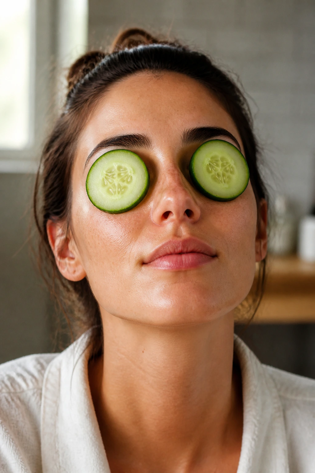 Woman with cucumber slices on eyes in a spa-like bathroom.