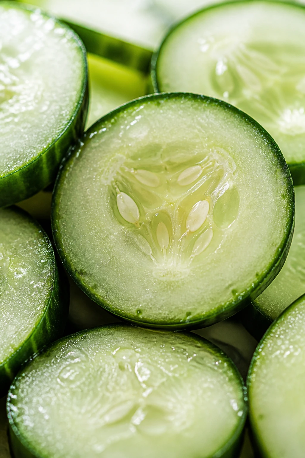 Macro close-up of dew-kissed cucumber slices on a kitchen counter