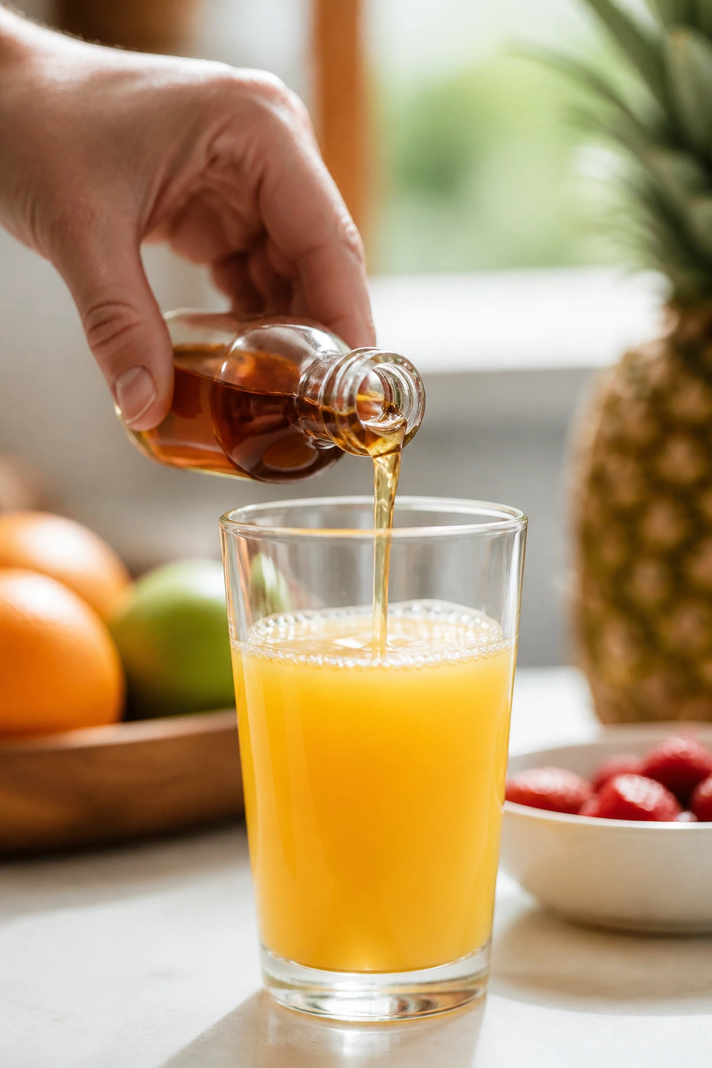Hand pouring fruit extract into juice in kitchen.