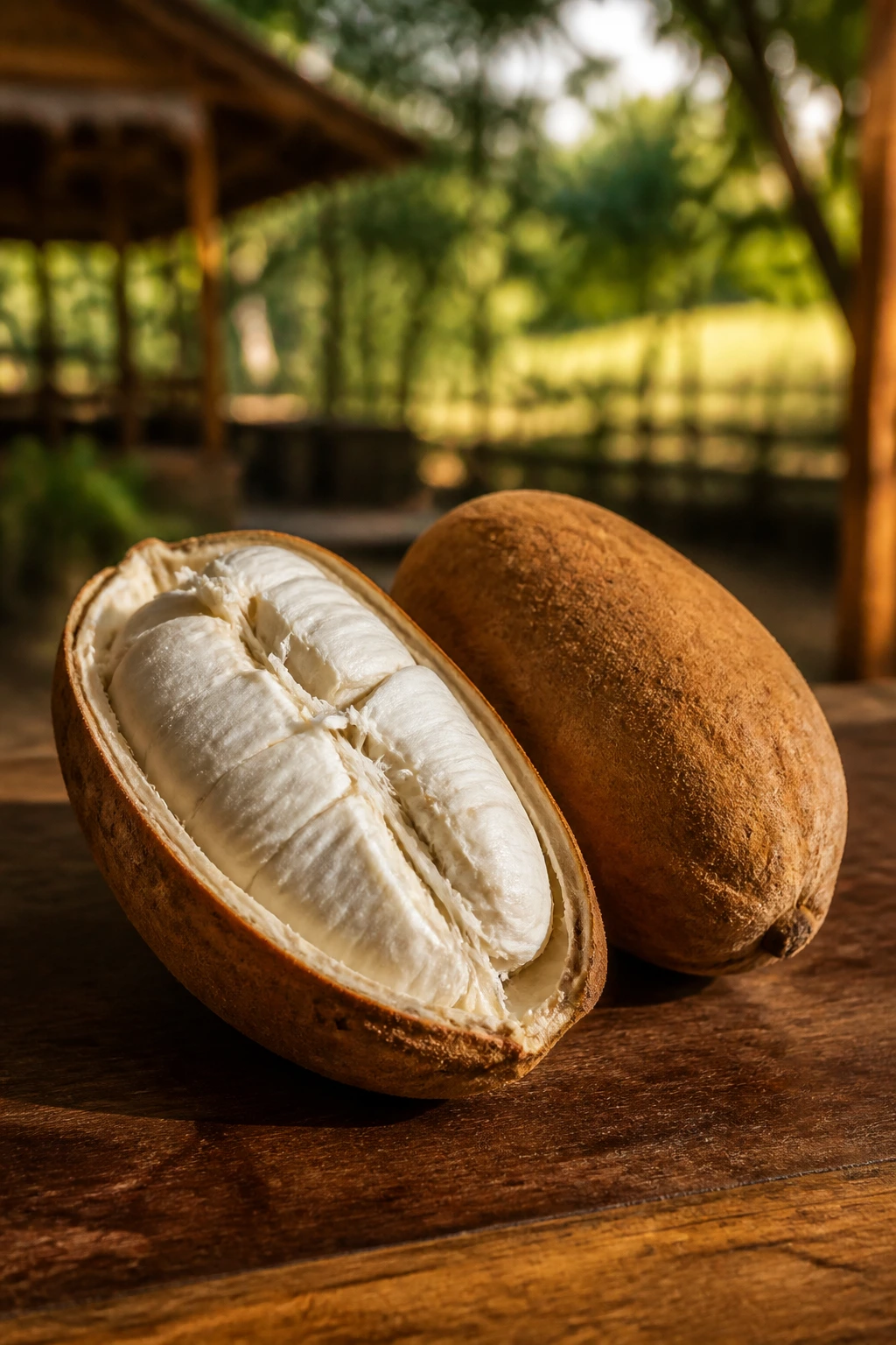 Cupuaçu fruit on wooden table with Amazonian cultural ambiance