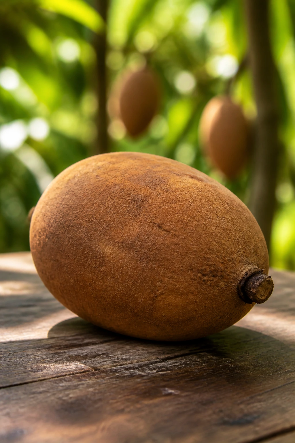 Cupuaçu fruit on wooden surface with tropical background