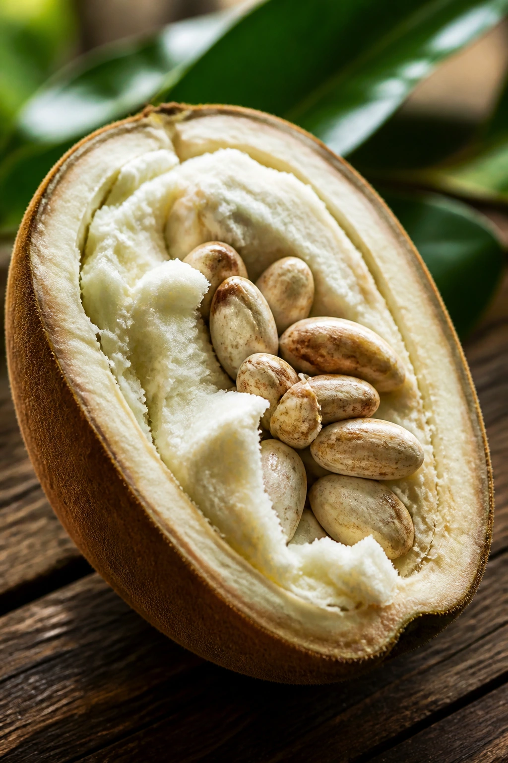 Cross-section of Cupuaçu fruit showing white flesh and seeds