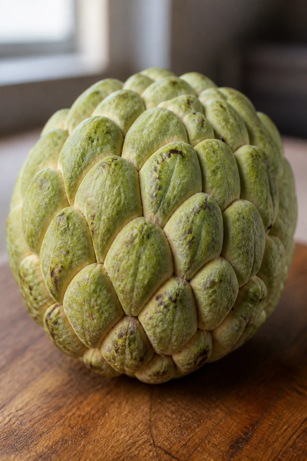 Sugar Apple Vs Custard Apple: Understanding The Difference 2 Close-up of a Custard Apple fruit on a wooden surface
