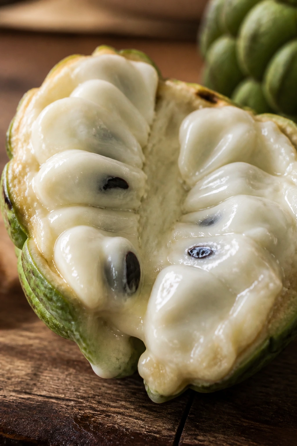 What Do Custard Apples Taste Like? 1 Close-up of a ripe custard apple half revealing creamy pale-green flesh on a wooden kitchen surface