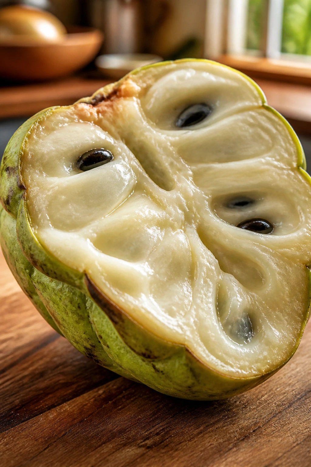What Do Custard Apples Taste Like? 2 Close-up of a ripe custard apple half with creamy flesh on a wooden kitchen counter