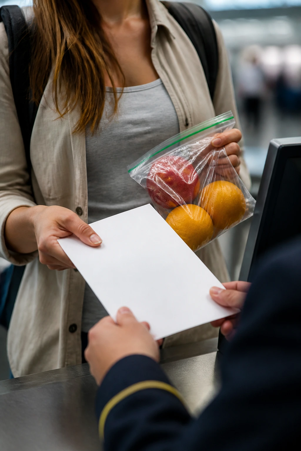 Traveler at customs with papers and fruit bag