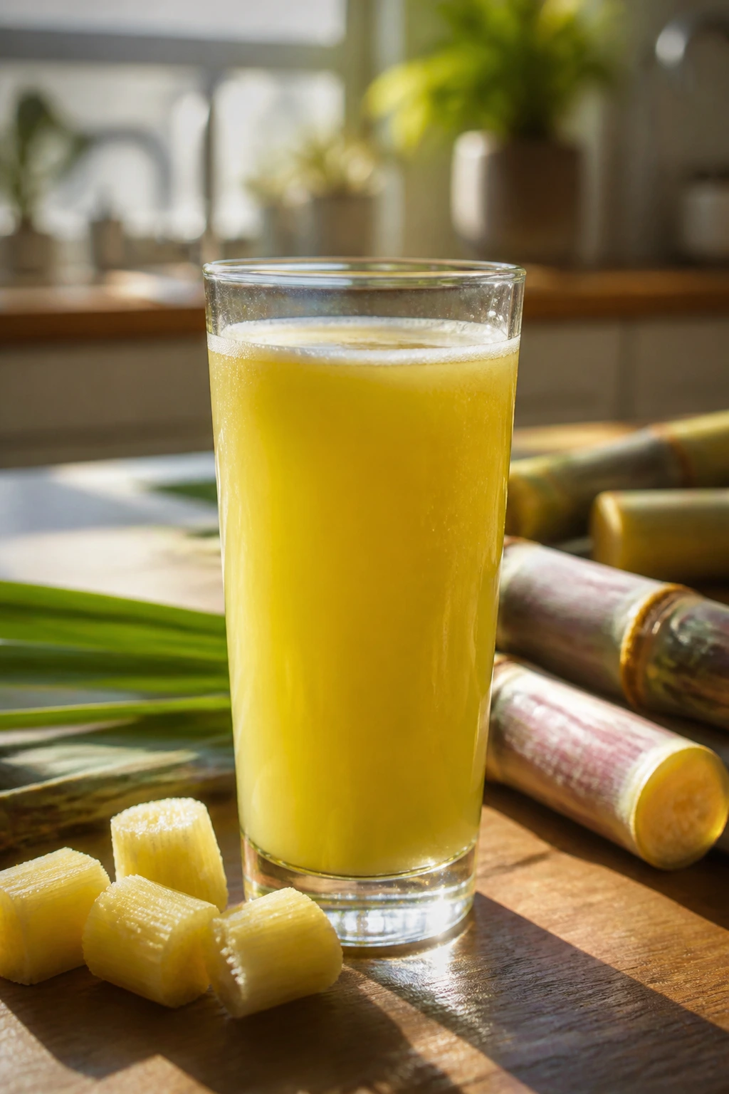 How To Make Sugar Cane Juice At Home 4 Glass of sugar cane juice on a sunlit kitchen table