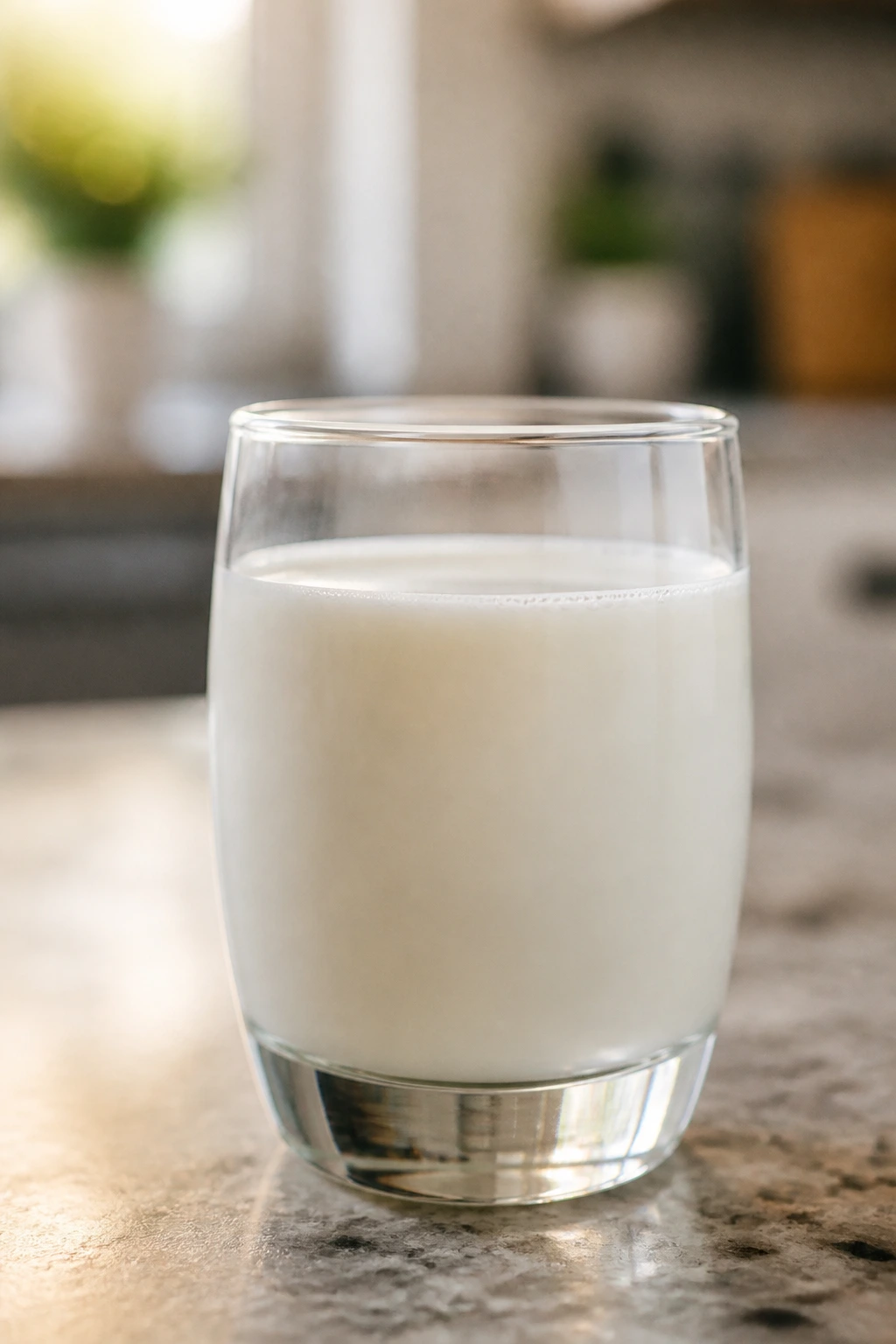 Glass of milk on a kitchen counter with warm lighting.