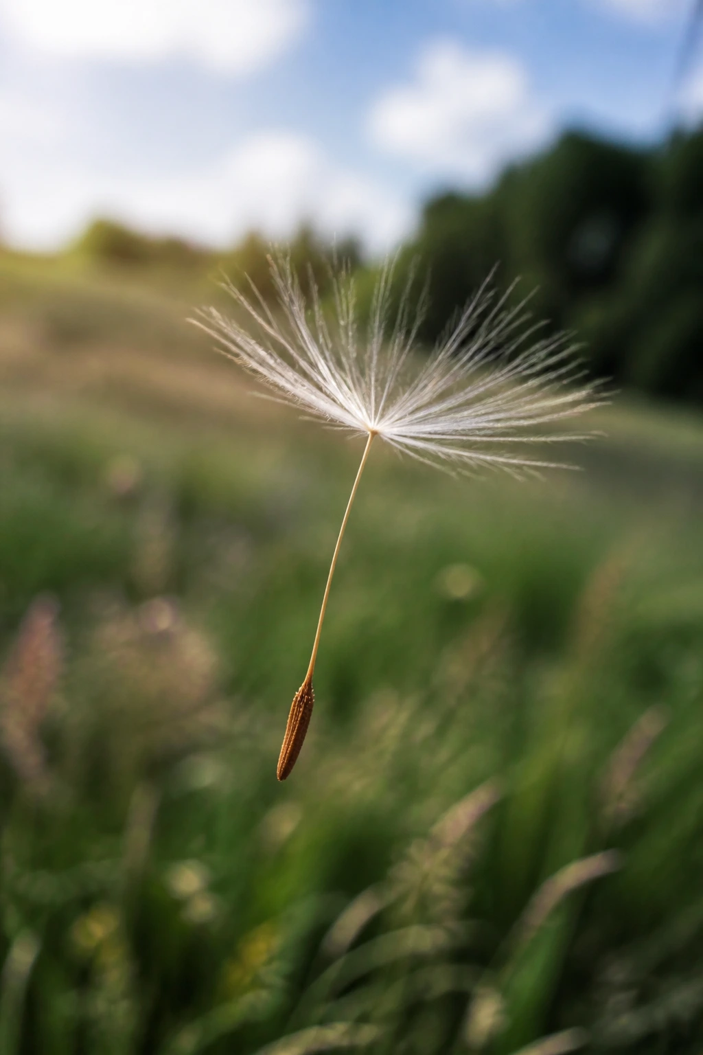 The Dispersal Of Fruits Seeds EXPLAINED! 1 Close-up of a single dandelion seed parachute drifting in a sunlit meadow.