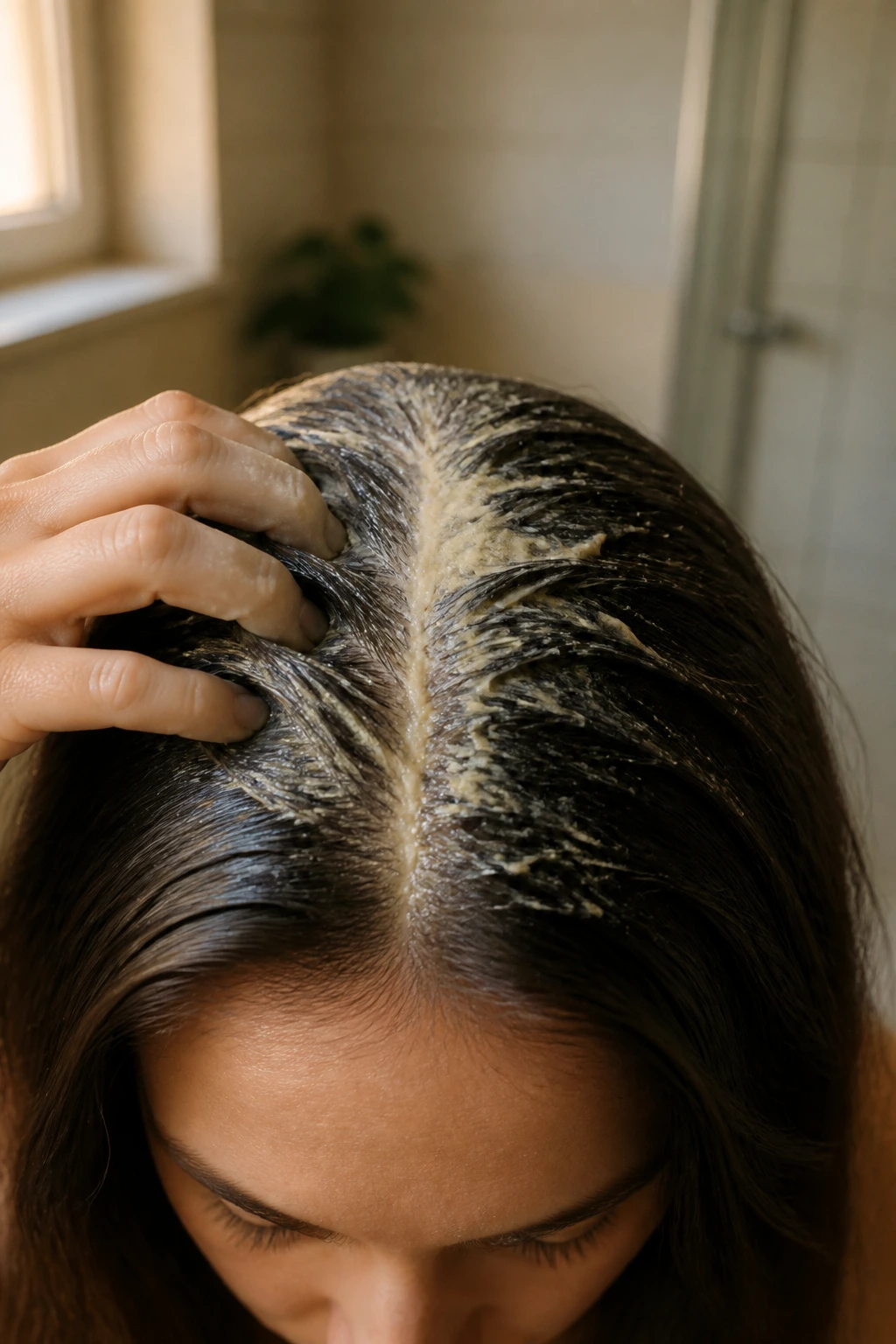 10 Incredible Beauty Benefits of Bananas and Their Peel 8 Close-up of a real person's scalp during banana-yogurt treatment
