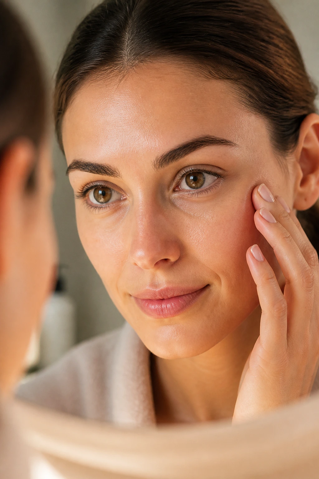 Close-up of a woman's eye area with reduced dark circles under soft lighting