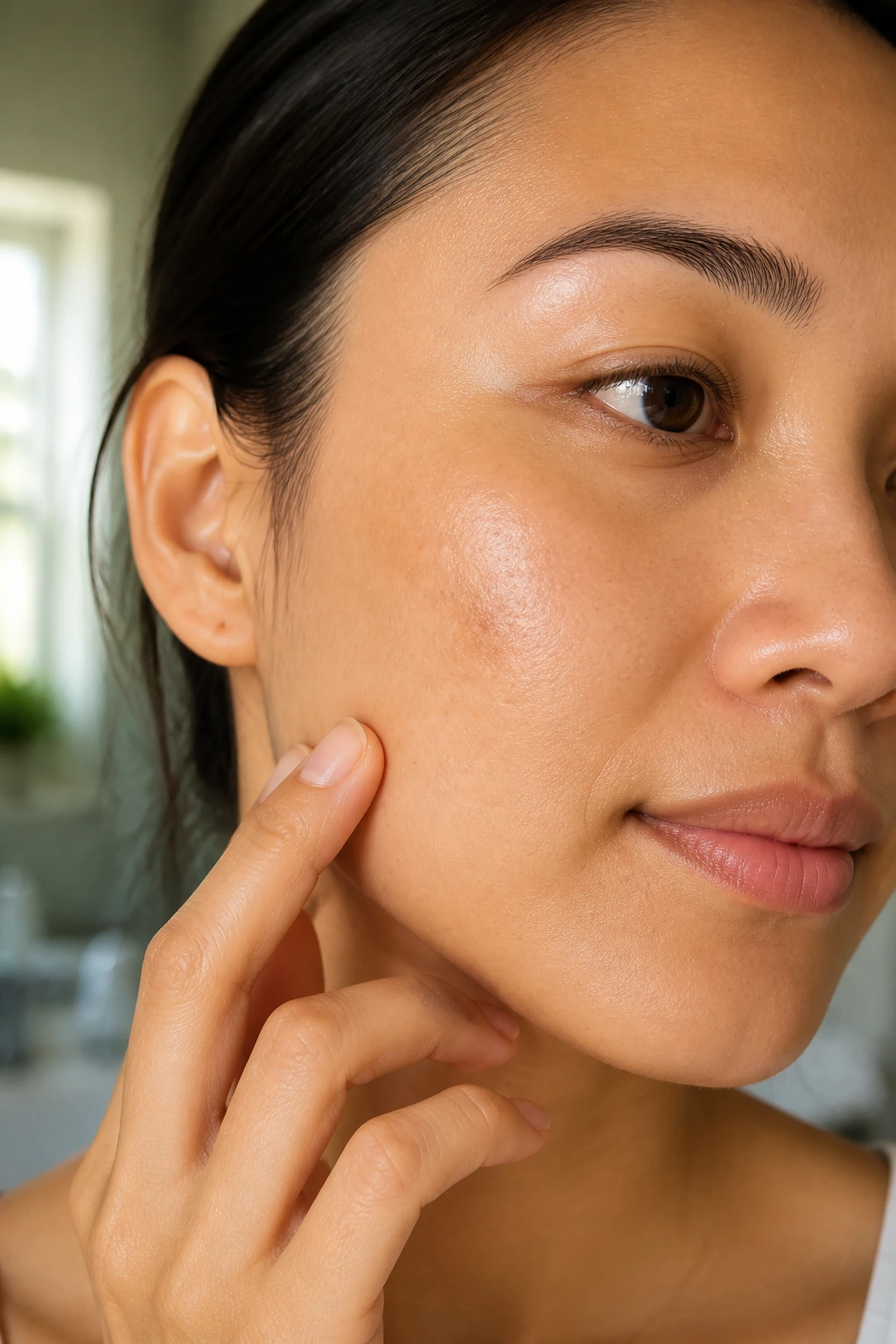Close-up of cheek with fading dark spots, even skin tone