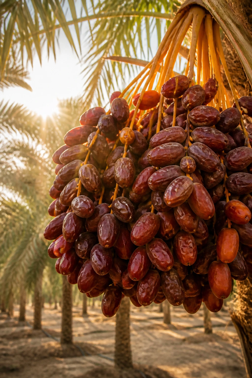 Dates hanging on a palm frond in a UAE date farm