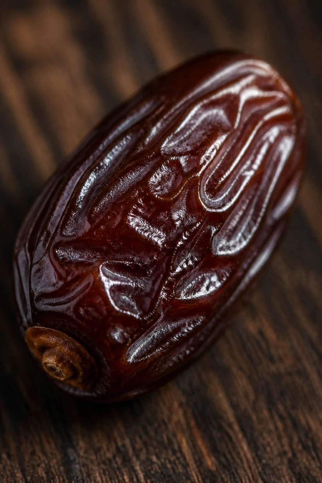 Close-up of a single glossy date on wood