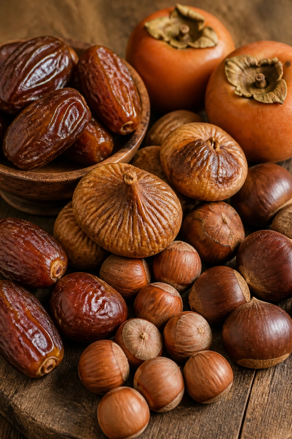 Close-up of dates, figs, persimmons, chestnuts, and hazelnuts on wood