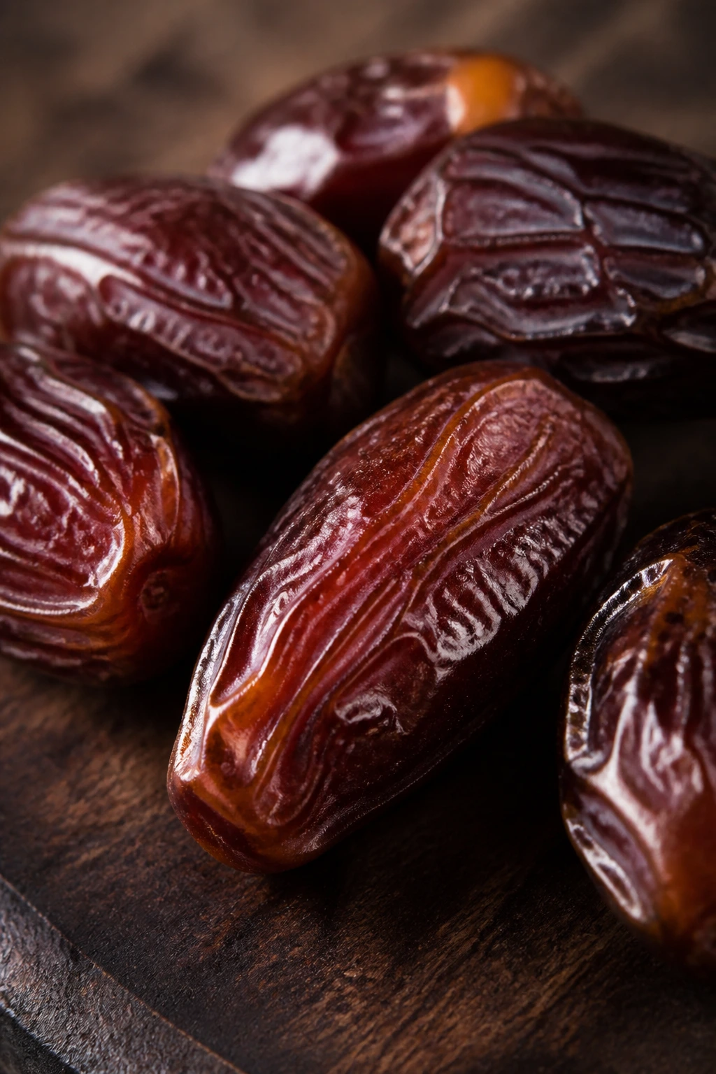 Close-up dates showing glossy brown skin and wrinkles