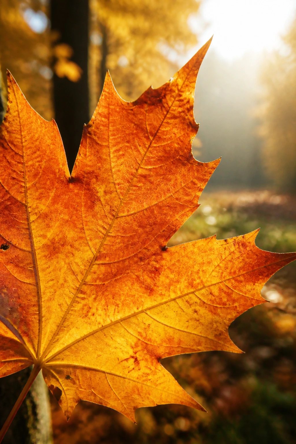 Close-up of a deciduous leaf in autumn colors