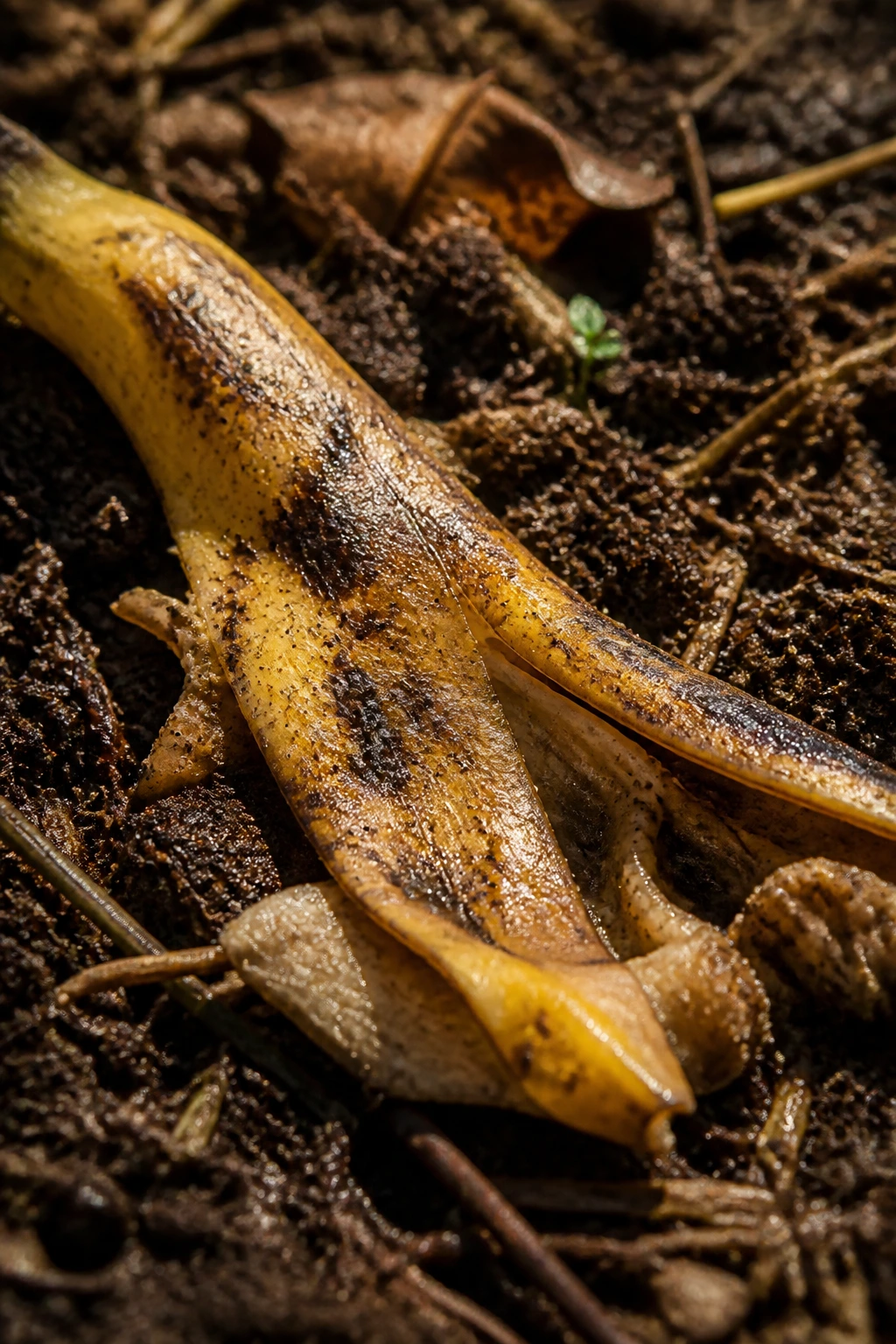 Close-up of a banana peel decomposing in moist compost