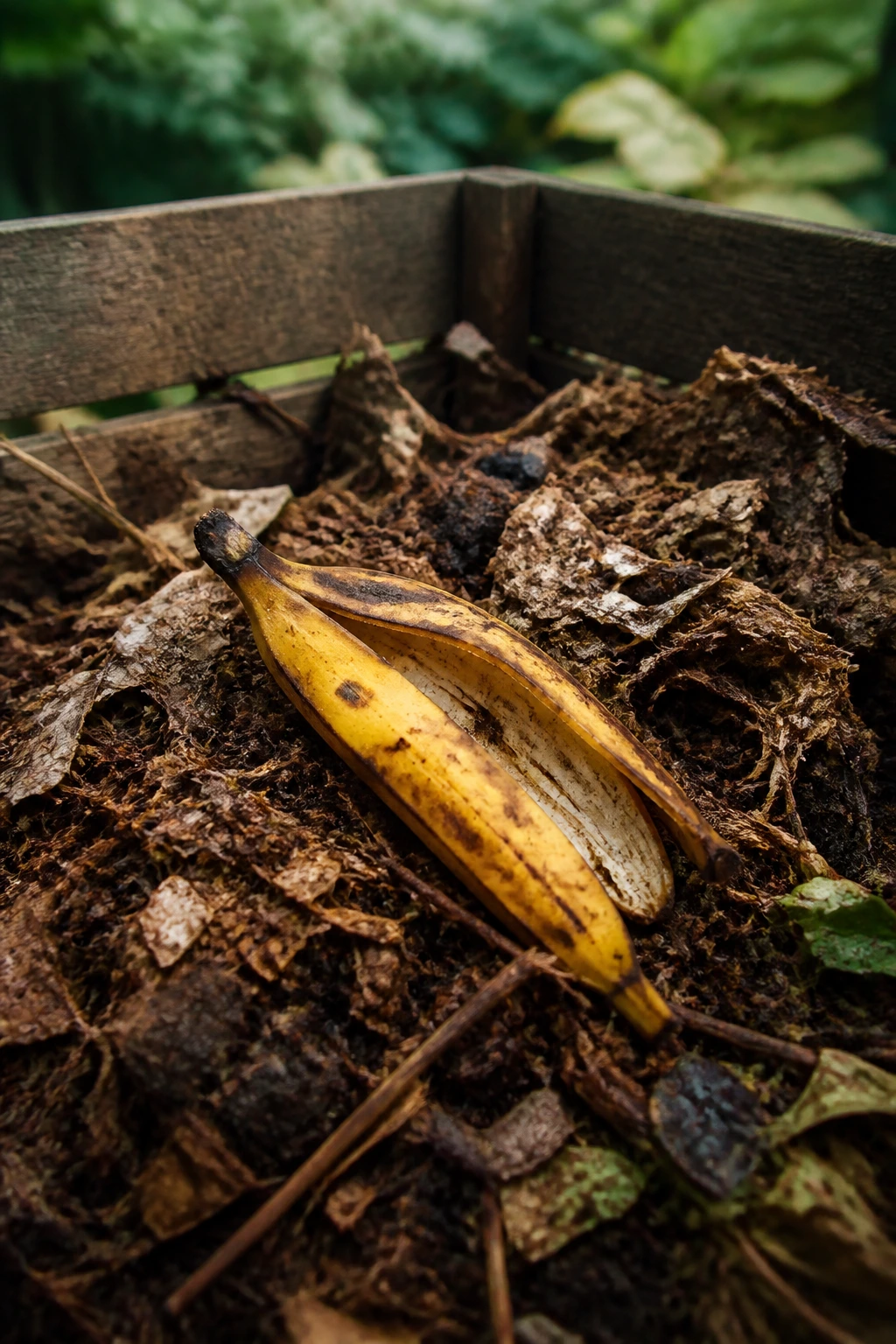 Fruit peel decomposing inside a compost bin