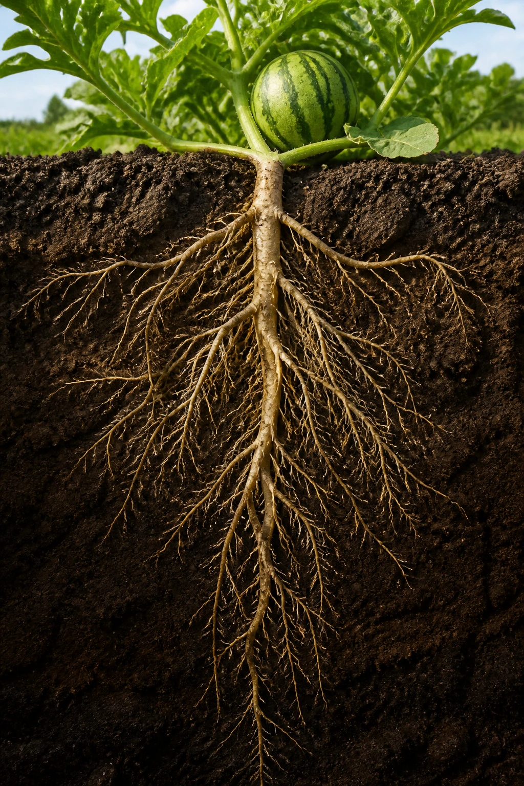 How Deep Do Watermelon Roots Grow? How Deep Do They Go? 10 Robust watermelon roots extending deep into soil in a garden setting.