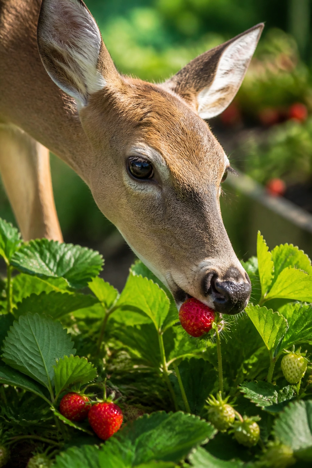 Can Deer Eat Strawberries? Yes, & Here's What To Do 1 Close-up of a deer nibbling a strawberry in a strawberry patch.