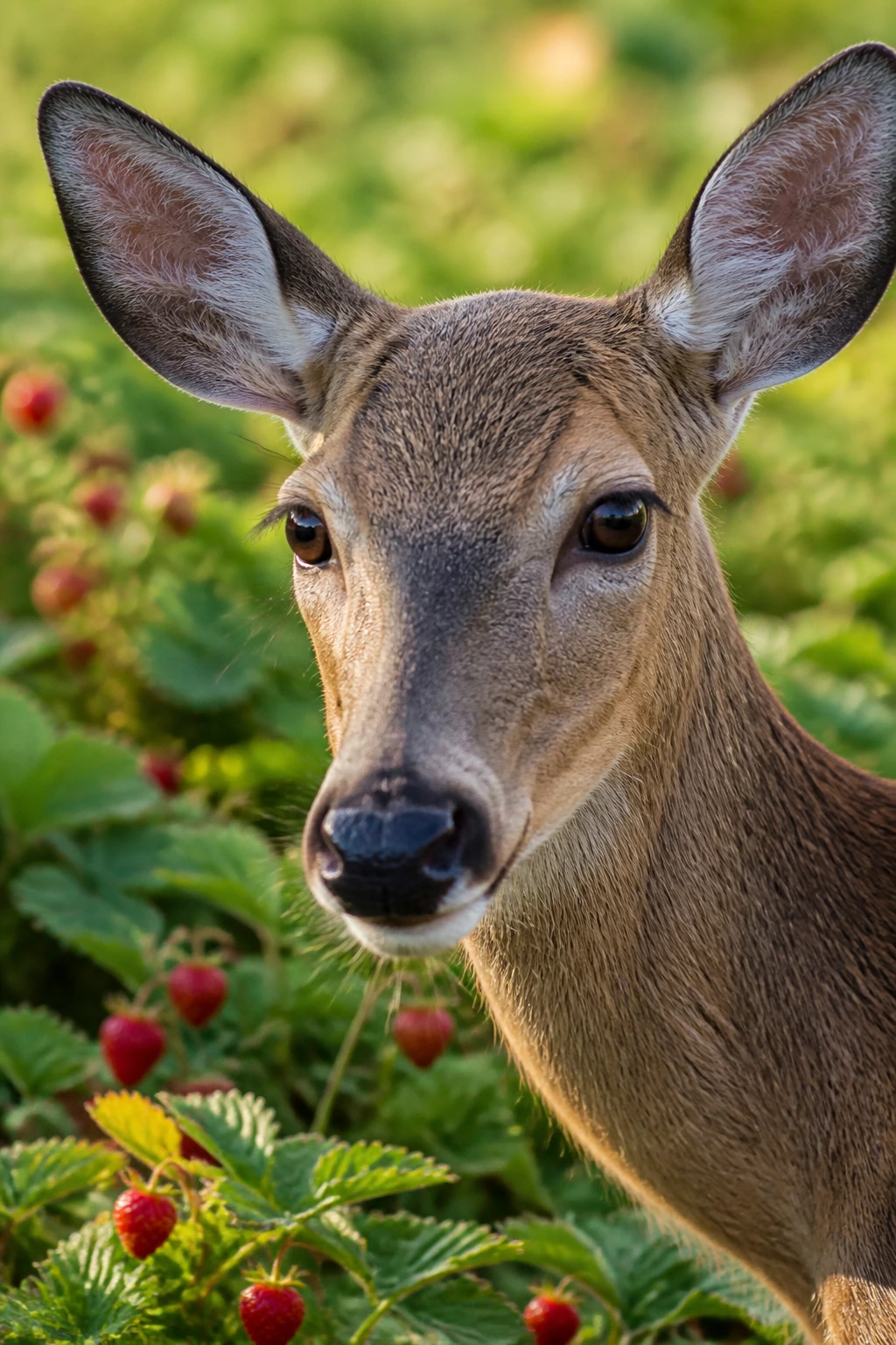Can Deer Eat Strawberries? Yes, & Here's What To Do 2 Close-up portrait of a deer with strawberry plants softly blurred in the background.