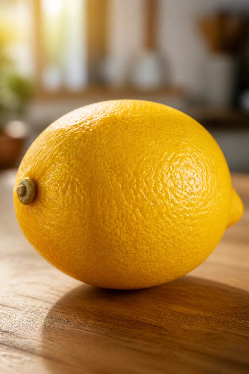 Close-up of a single vibrant orange fruit dominating the frame in a kitchen