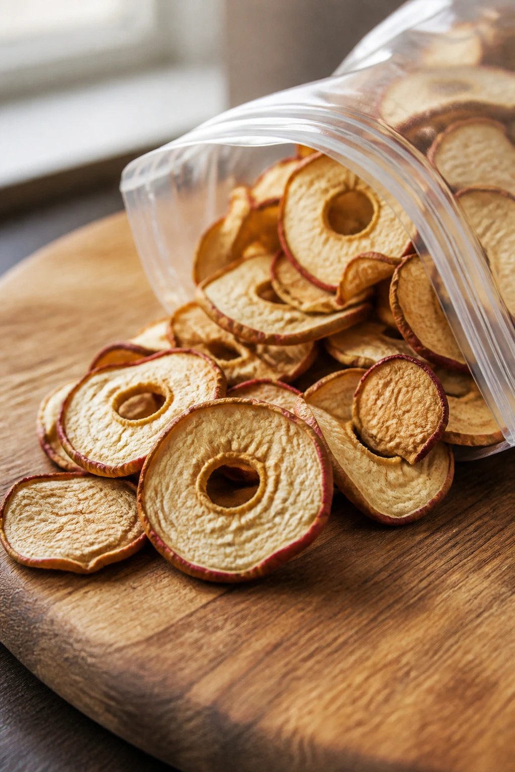 Are Dehydrated Apples Good For You? All You Need To Know 1 Close-up of dehydrated apple rings spilling from a bag on a wooden surface
