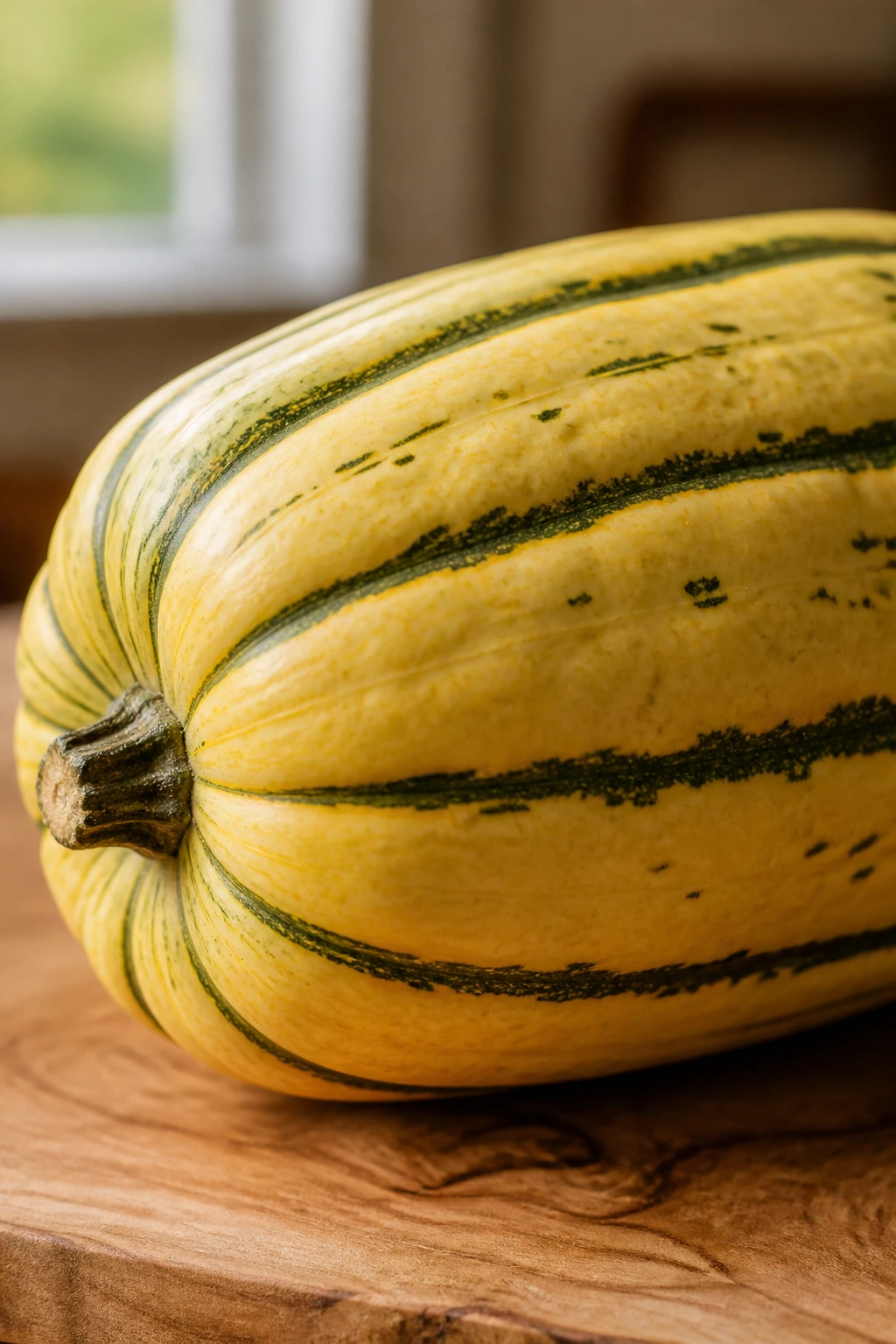How To Cook Delicata Squash On Stove: Step-By-Step Guide 7 Close-up of a single delicata squash on a wooden cutting board in a bright kitchen