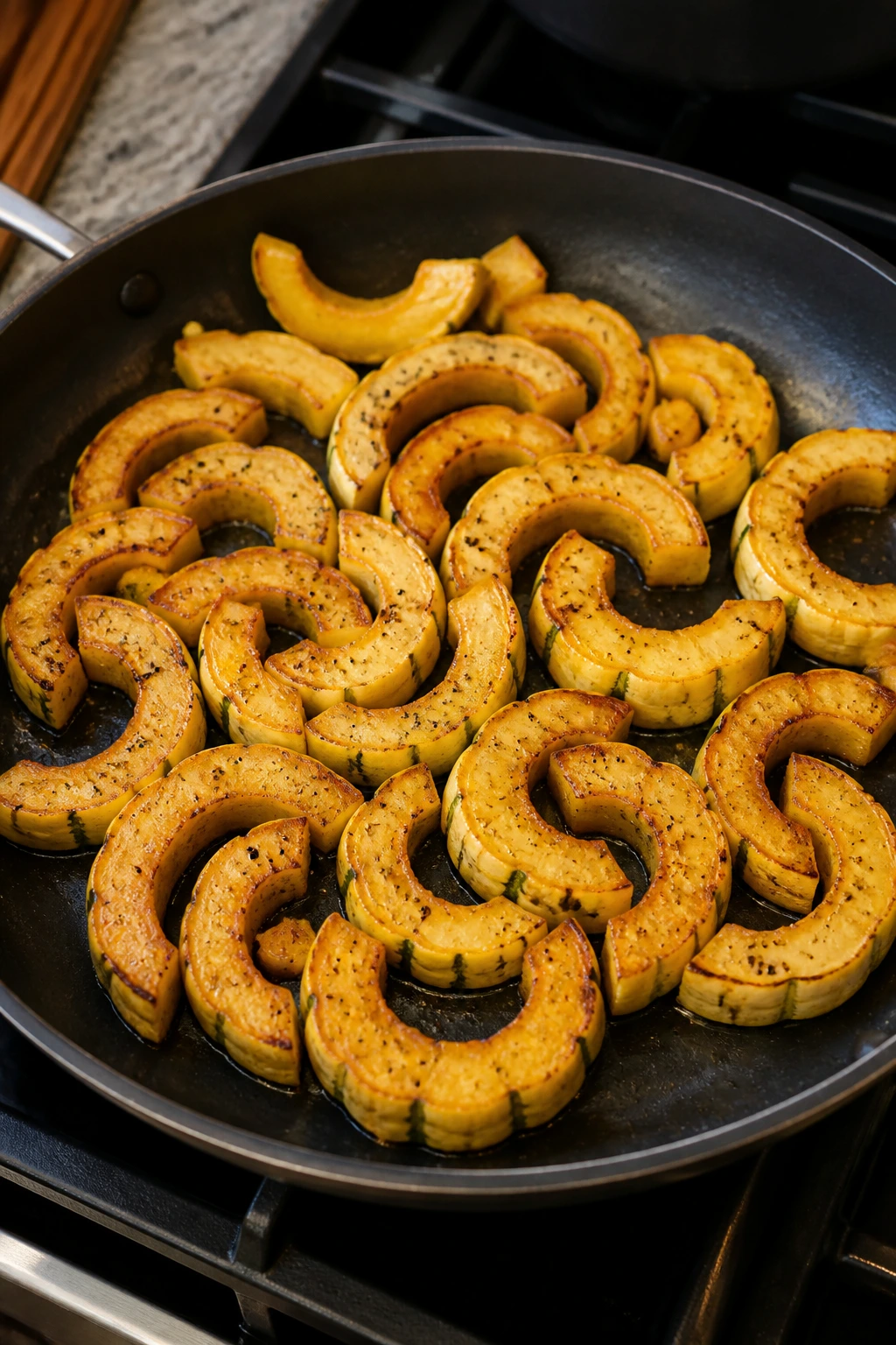 How To Cook Delicata Squash On Stove: Step-By-Step Guide 9 Delicata squash slices in a skillet on a stove