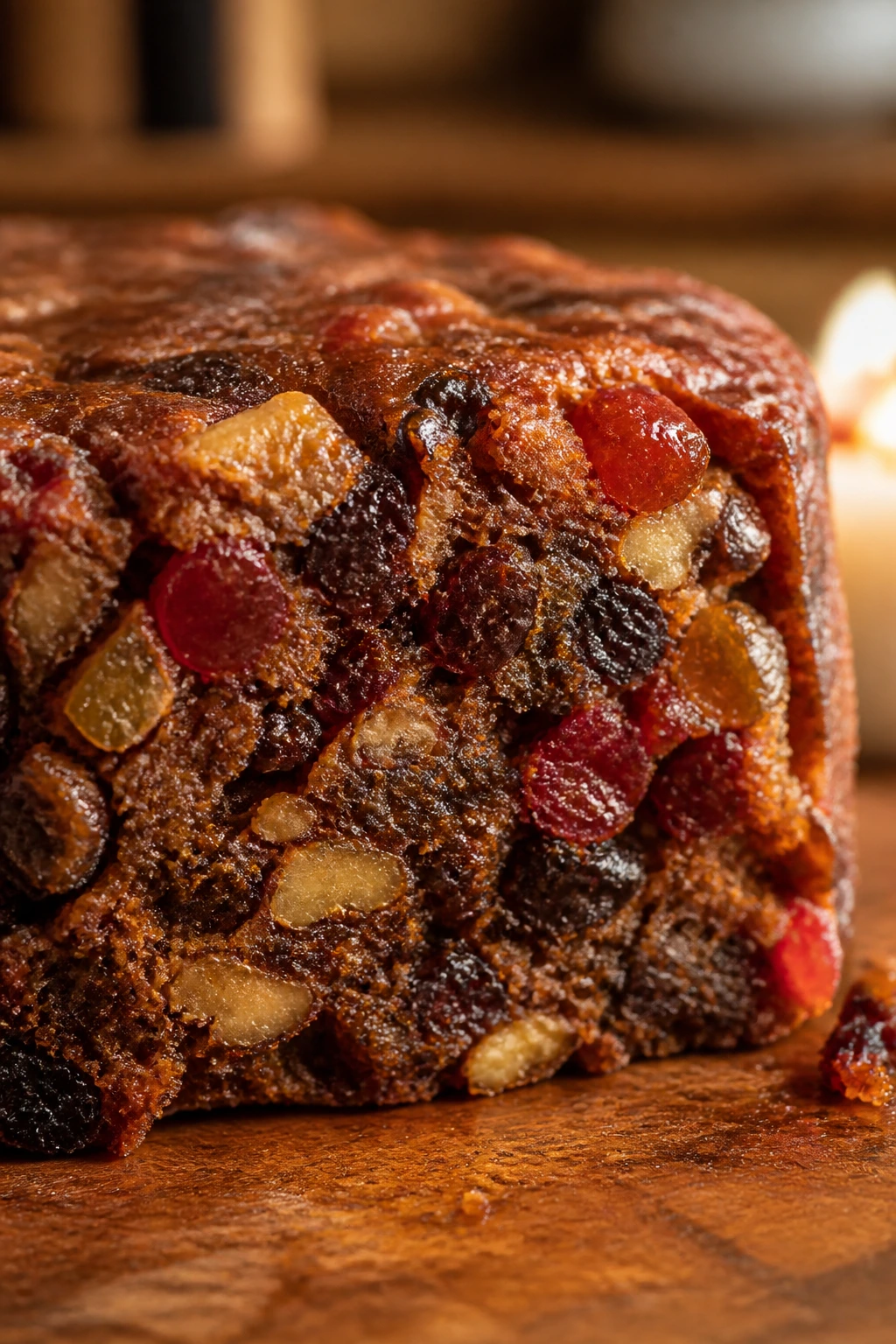 What Does Fruit Cake Taste Like? 3 Dense fruit cake slice on plate with rich color and visible fruit chunks