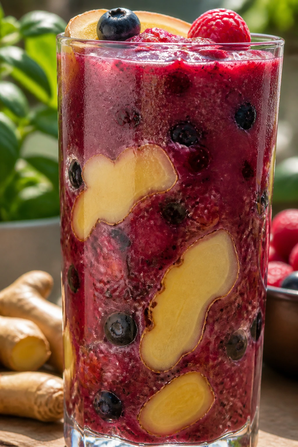 10 Surprising Benefits Of Blending Fruits And Vegetables 6 Close-up of a detox-themed blended drink with ginger and berries