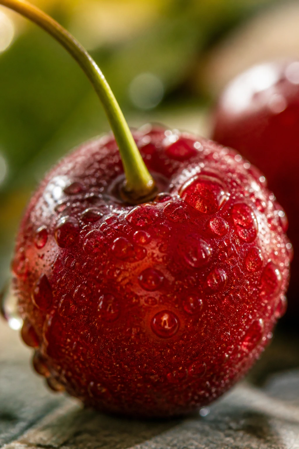 Dew-kissed cherry close-up in morning light