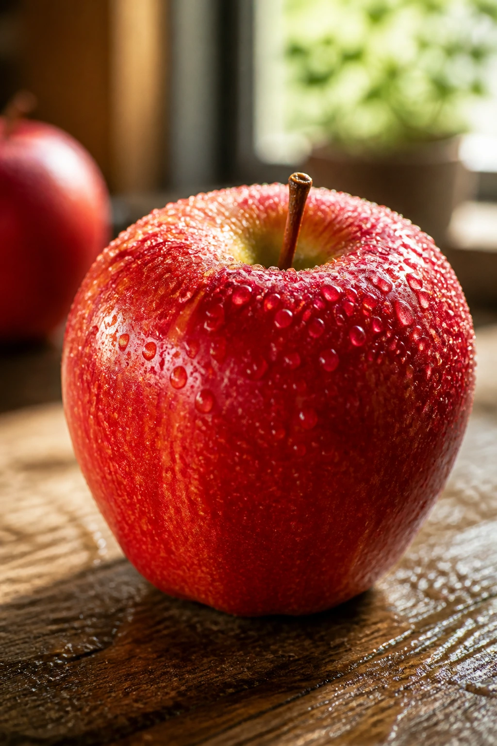 Dewy red apple close-up on a wooden surface in morning light