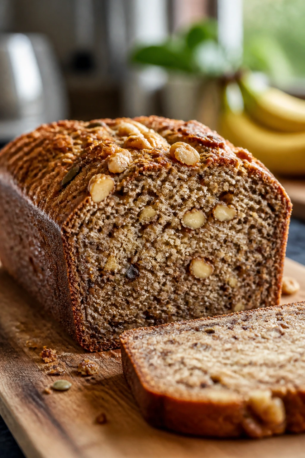 Close-up of a diabetic-friendly banana bread loaf with seeds and nuts