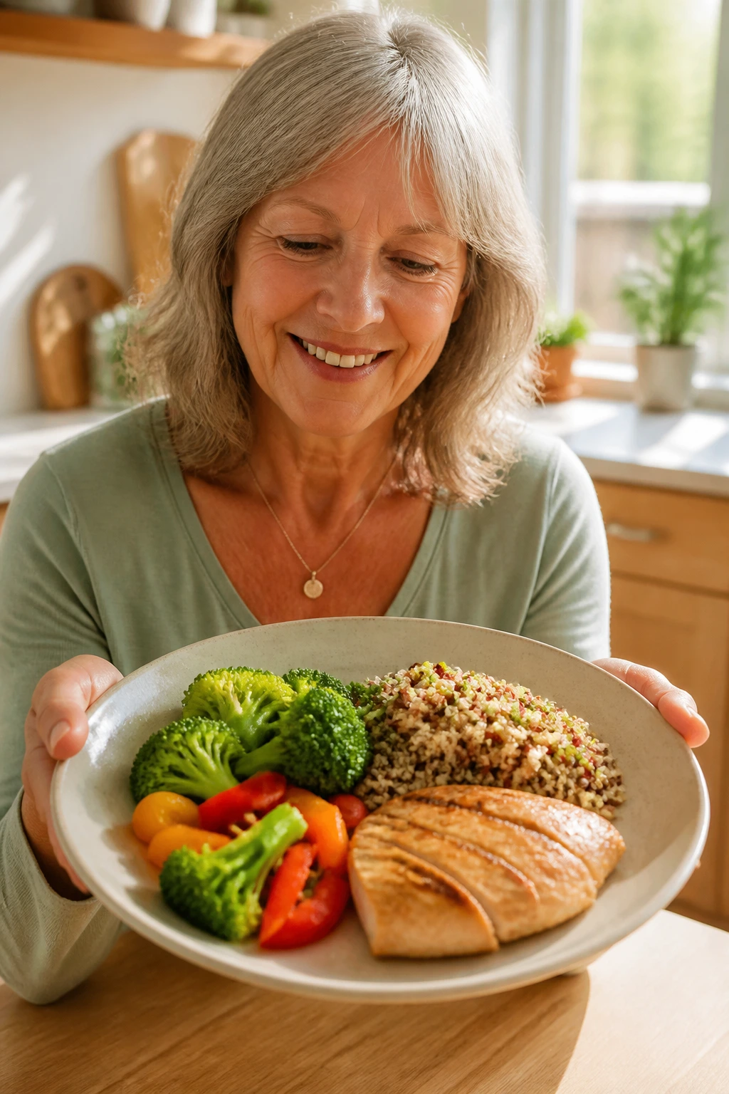 Close-up of a person in a kitchen holding a healthy plate for diabetes-friendly eating