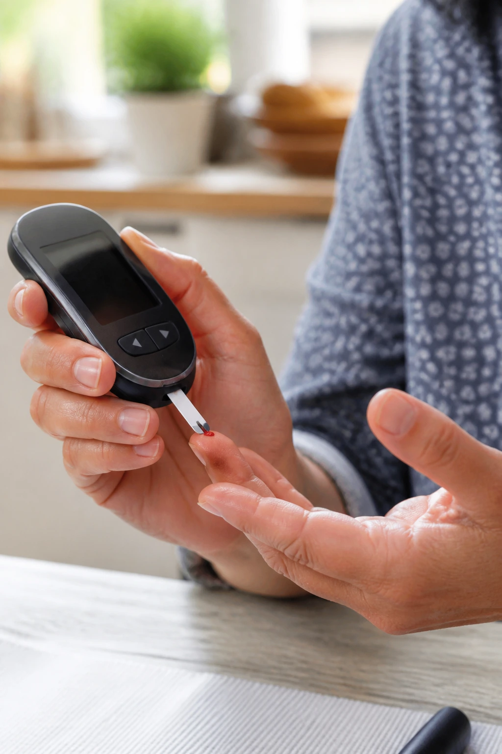 Close-up of a hand using a glucose meter to test blood sugar for diabetes.
