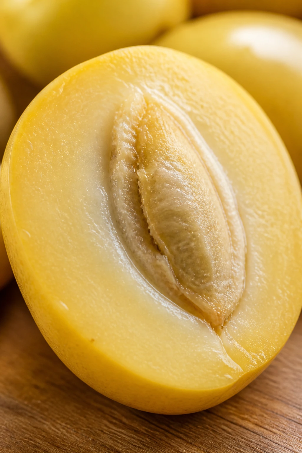 Half of a June plum highlighting fiber-rich flesh for diabetes-friendly benefits