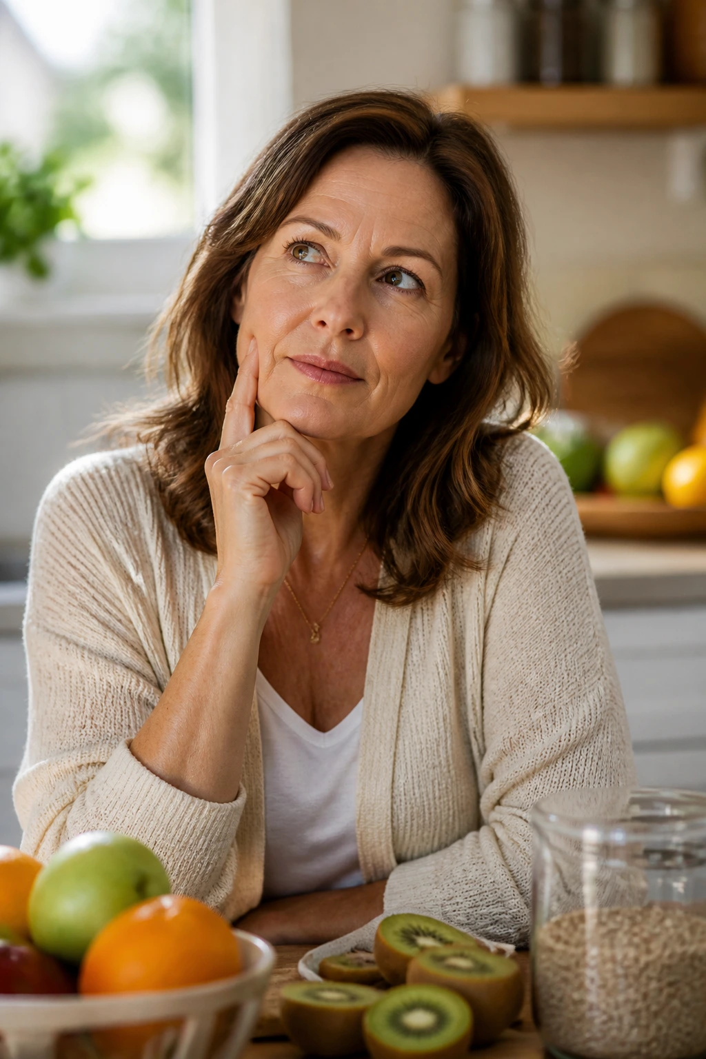 Is Kiwi Fruit Good for Diabetics? Benefits, Effects & More. 7 Close-up portrait of a thoughtful woman in a warm kitchen, symbolizing FAQs about kiwi and diabetes nutrition